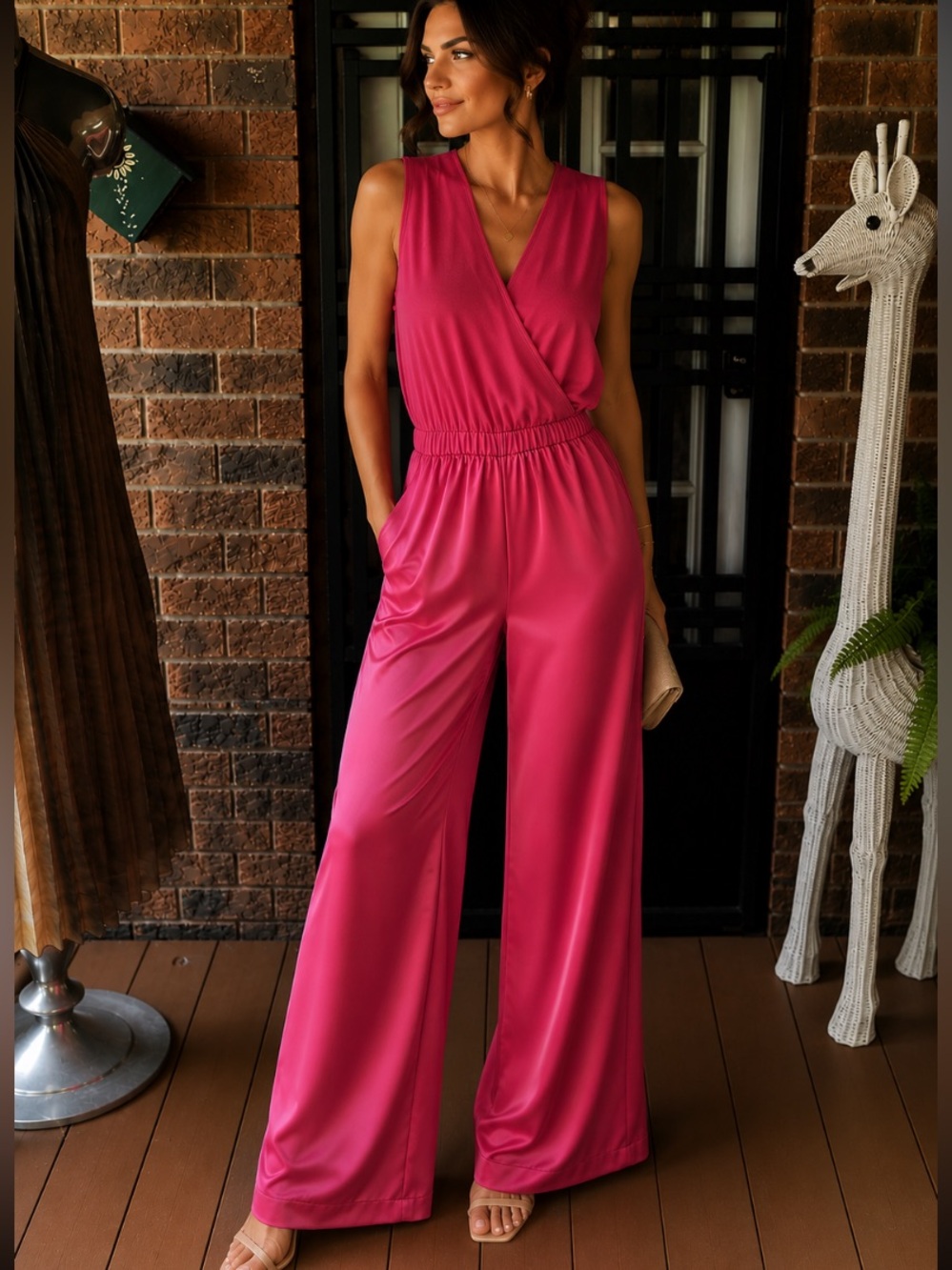 Next Sleeveless V-Neck pink wide leg jumpsuit